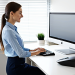 A focused professional, fully clothed in modest business casual attire, working at an ergonomically optimized standing desk in a bright, modern home office. The person is interacting with a computer screen positioned at eye level, using an ergonomic keyboard and mouse. The workspace is clean, organized, and receives ample natural light. The overall scene conveys productivity, well-being, and a comfortable working environment. safe for work, appropriate content, fully clothed, professional, perfect anatomy, correct proportions, natural pose, well-formed hands, proper finger count, natural body proportions, professional photography, high quality.