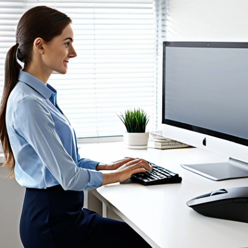 A focused professional, fully clothed in modest business casual attire, working at an ergonomically optimized standing desk in a bright, modern home office. The person is interacting with a computer screen positioned at eye level, using an ergonomic keyboard and mouse. The workspace is clean, organized, and receives ample natural light. The overall scene conveys productivity, well-being, and a comfortable working environment. safe for work, appropriate content, fully clothed, professional, perfect anatomy, correct proportions, natural pose, well-formed hands, proper finger count, natural body proportions, professional photography, high quality.