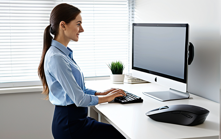 A focused professional, fully clothed in modest business casual attire, working at an ergonomically optimized standing desk in a bright, modern home office. The person is interacting with a computer screen positioned at eye level, using an ergonomic keyboard and mouse. The workspace is clean, organized, and receives ample natural light. The overall scene conveys productivity, well-being, and a comfortable working environment. safe for work, appropriate content, fully clothed, professional, perfect anatomy, correct proportions, natural pose, well-formed hands, proper finger count, natural body proportions, professional photography, high quality.
