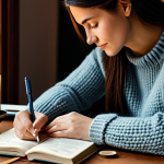 매일 기록하기  글쓰기의 일상화 - **

"A woman sitting at a desk, writing in a journal, surrounded by calming elements like candles an...